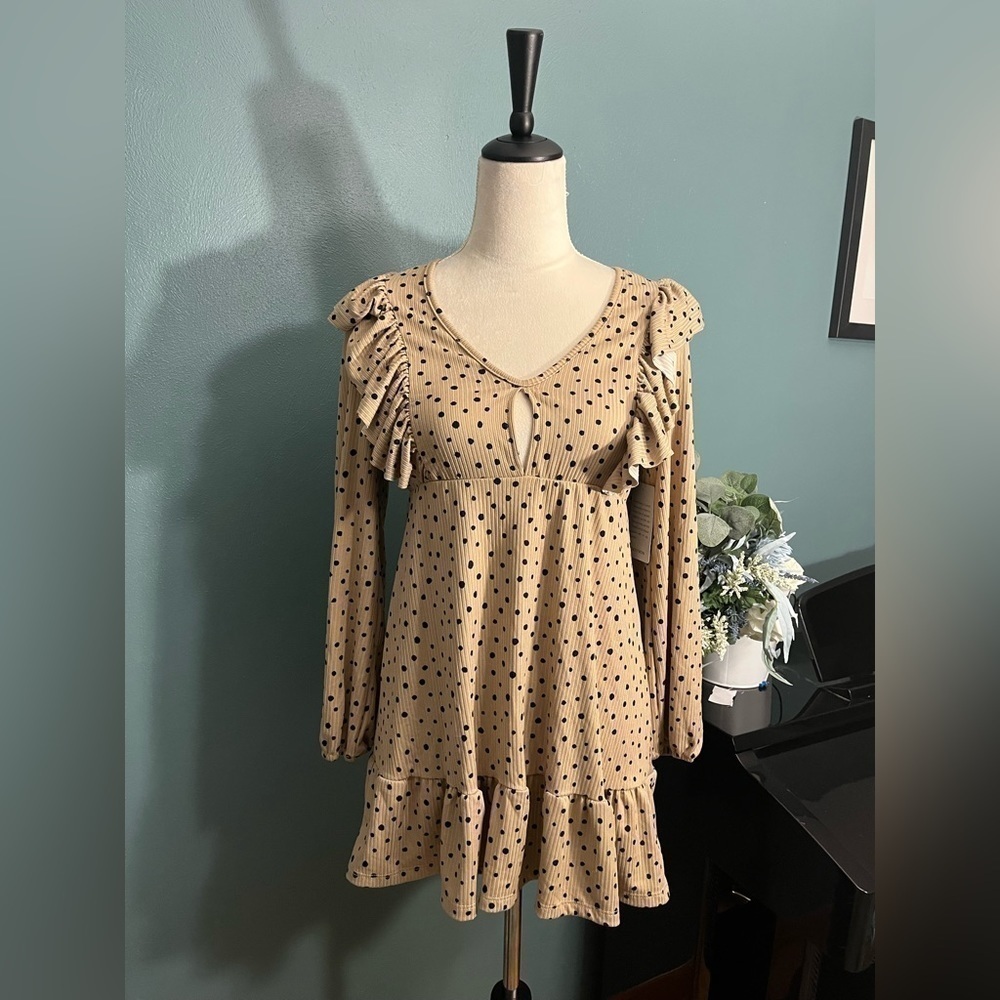 Nwot Velvet Torch Long-Sleeved Polka Dot Mini Swing Dress with Ruffles - Size XS